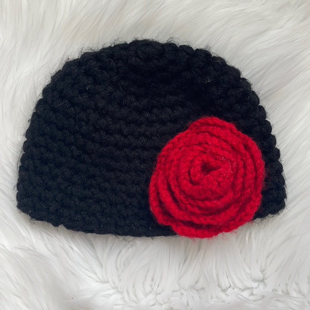 Black with red flower knitted hat, 1-2 years old